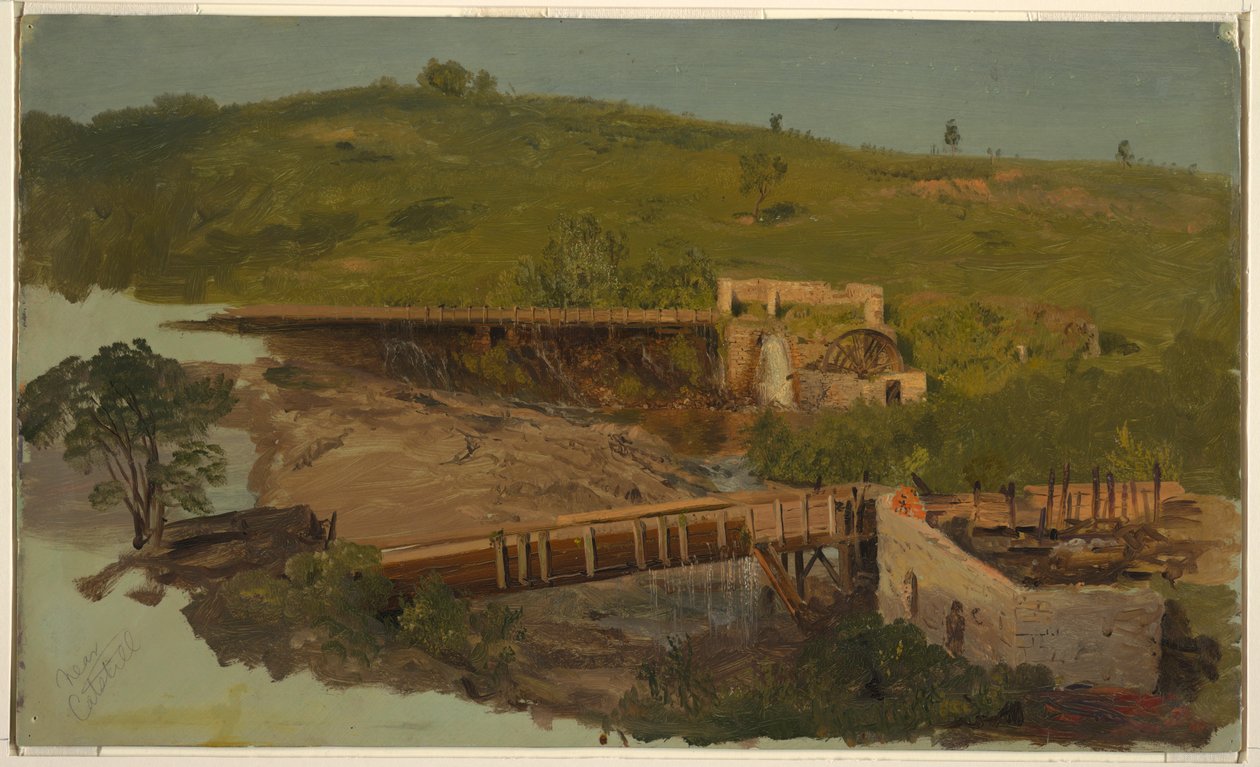 Rysunek przedstawiający wzgórze z wiaduktami i zrujnowanymi młynami w pobliżu Catskill w stanie Nowy Jork, ok. 1865 r. autorstwa Frederic Edwin Church