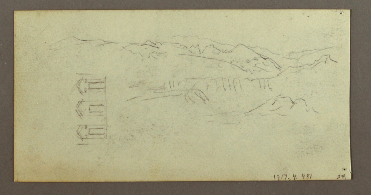 Rysunek, koń, postać od tyłu, drzewa, prawdopodobnie 1868 r. autorstwa Frederic Edwin Church