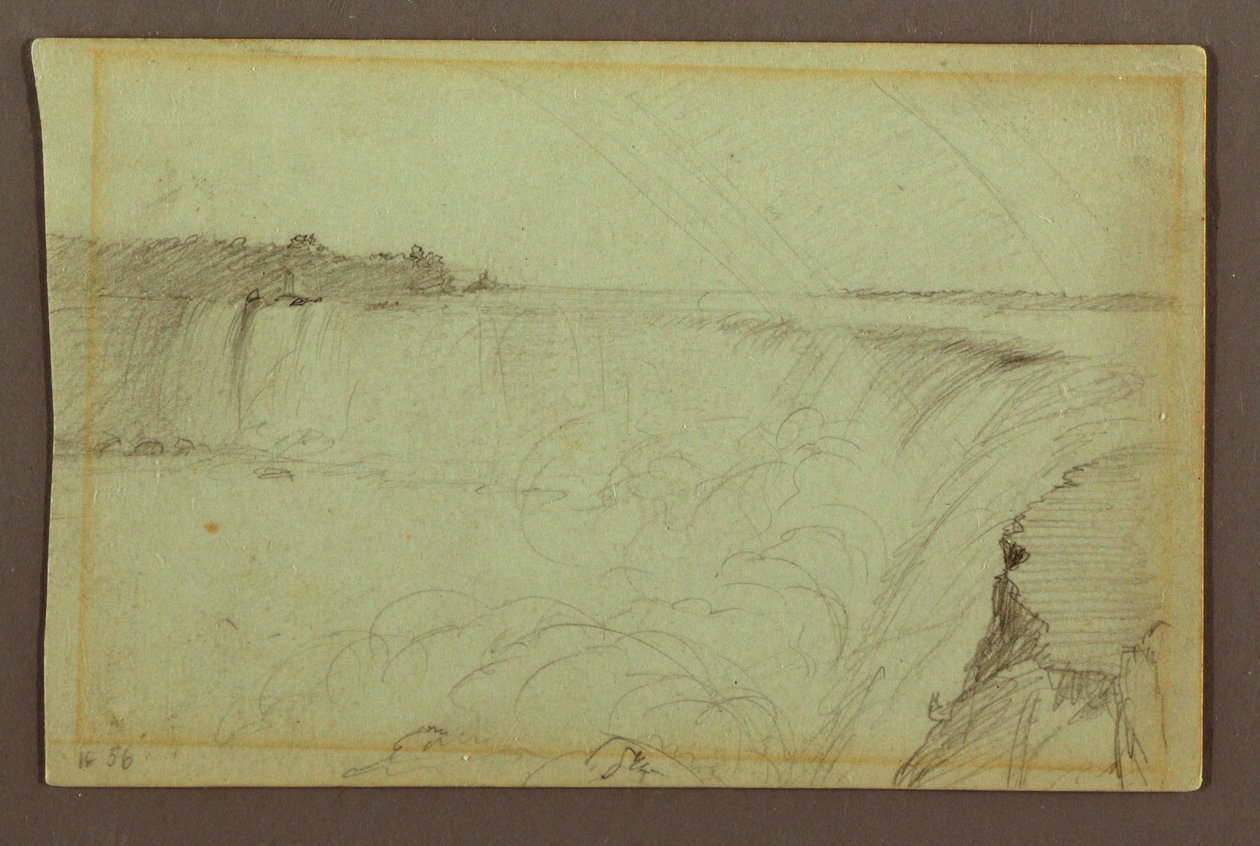 Rysunek, Wodospad Podkowa z podwójną tęczą, rzeka Niagara, Kanada, 1856 r. autorstwa Frederic Edwin Church