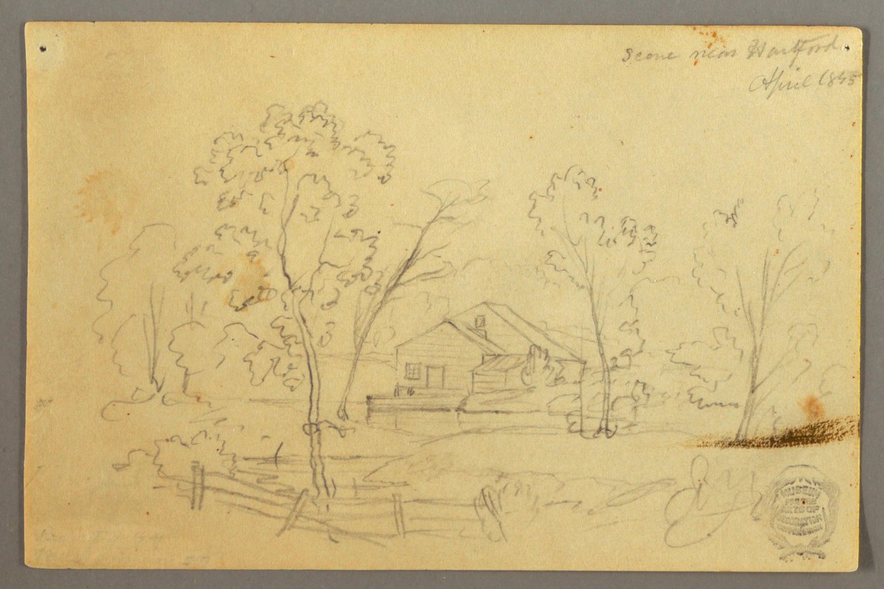 Rysunek, Dom w lesie nad strumieniem, kwiecień 1845 r. autorstwa Frederic Edwin Church