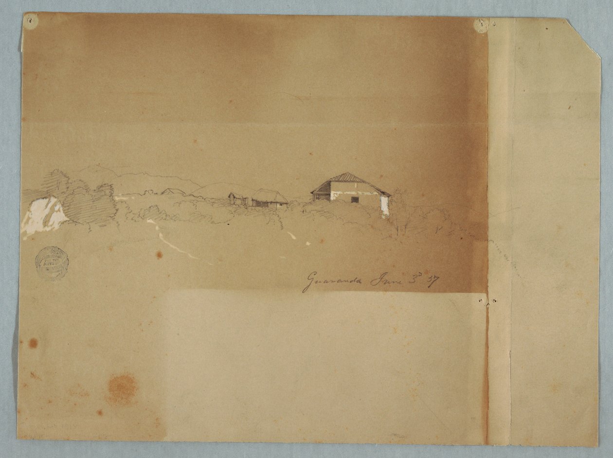 Rysunek, Domy w pobliżu kaskady w górach, Guaranda, Ekwador, 3 czerwca 1857 r. autorstwa Frederic Edwin Church