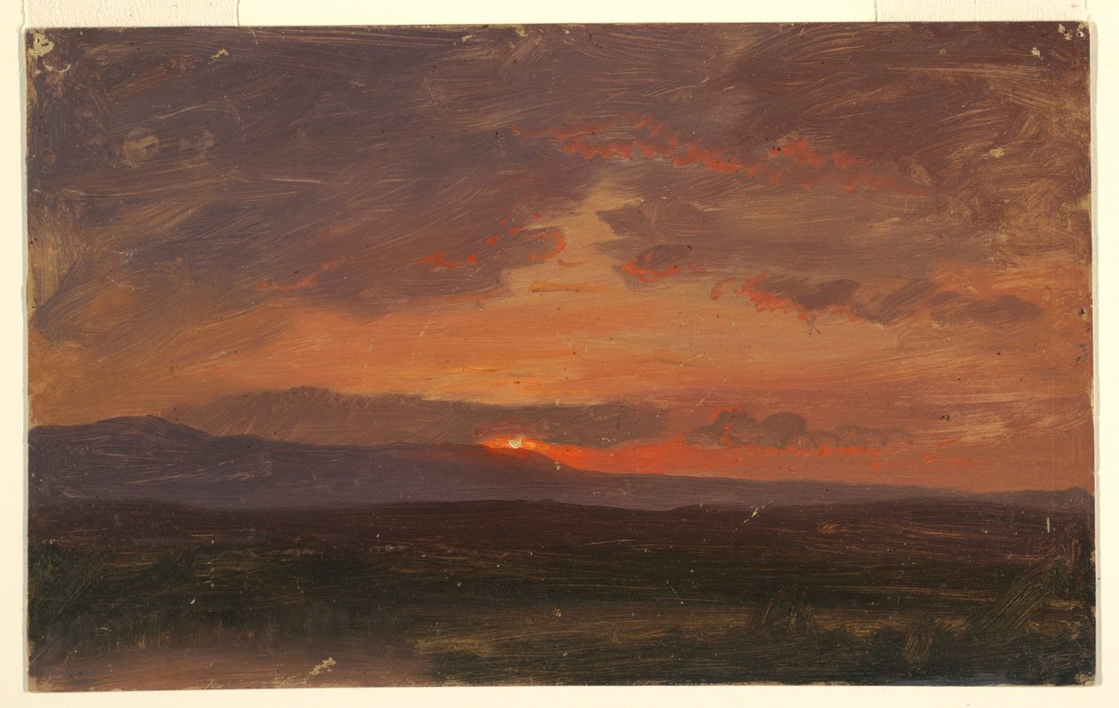 Rysunek przedstawiający dolinę Hudson w stanie Nowy Jork ze słońcem zachodzącym za górami Catskill, 1855-65 autorstwa Frederic Edwin Church