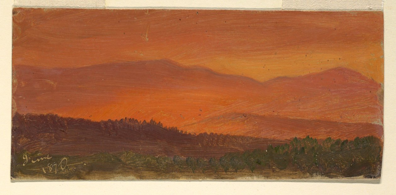 Rysunek, dolina Hudson i odległe góry o zachodzie słońca, czerwiec 1870 r. autorstwa Frederic Edwin Church