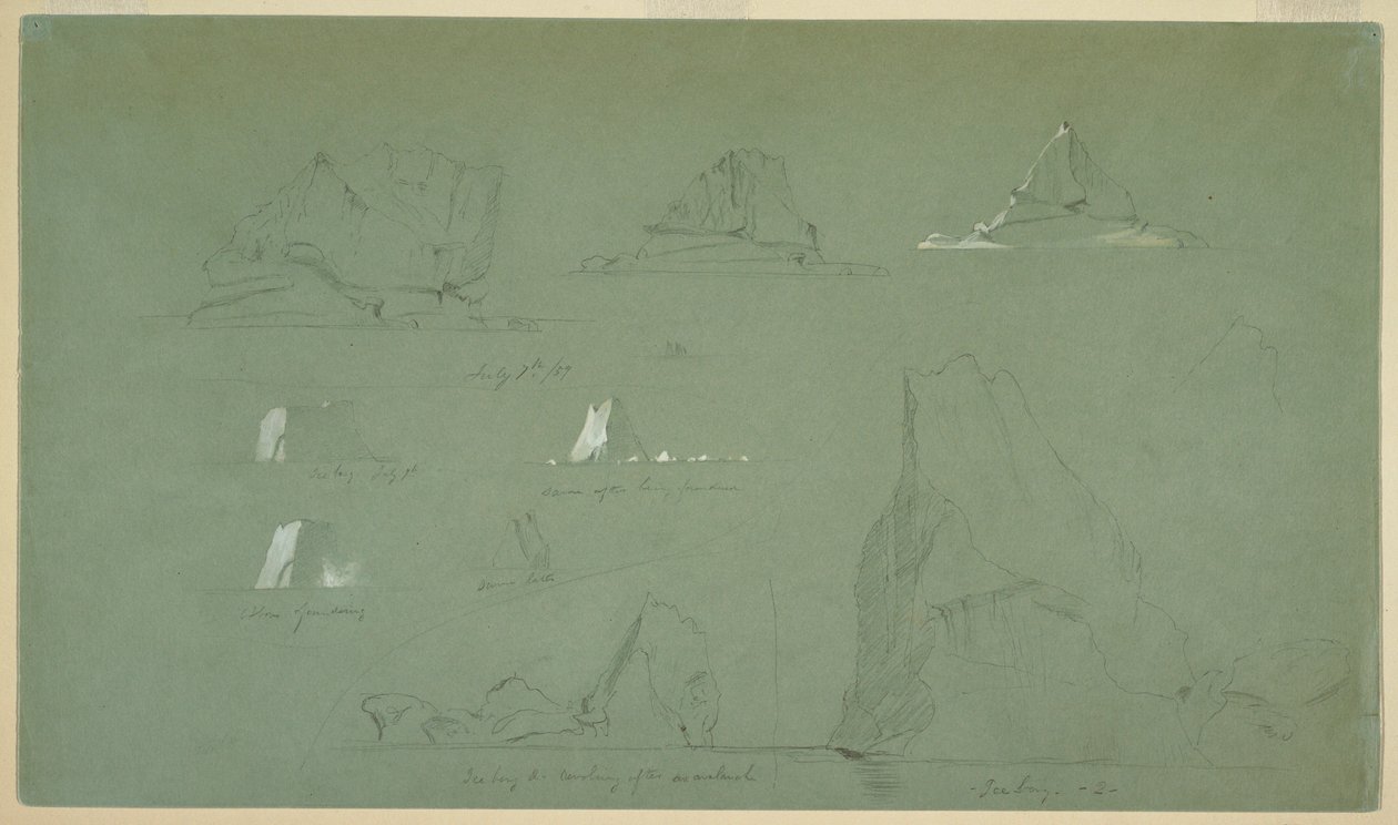 Rysunek, Góry lodowe, 7 i 9 lipca 1859 r. autorstwa Frederic Edwin Church