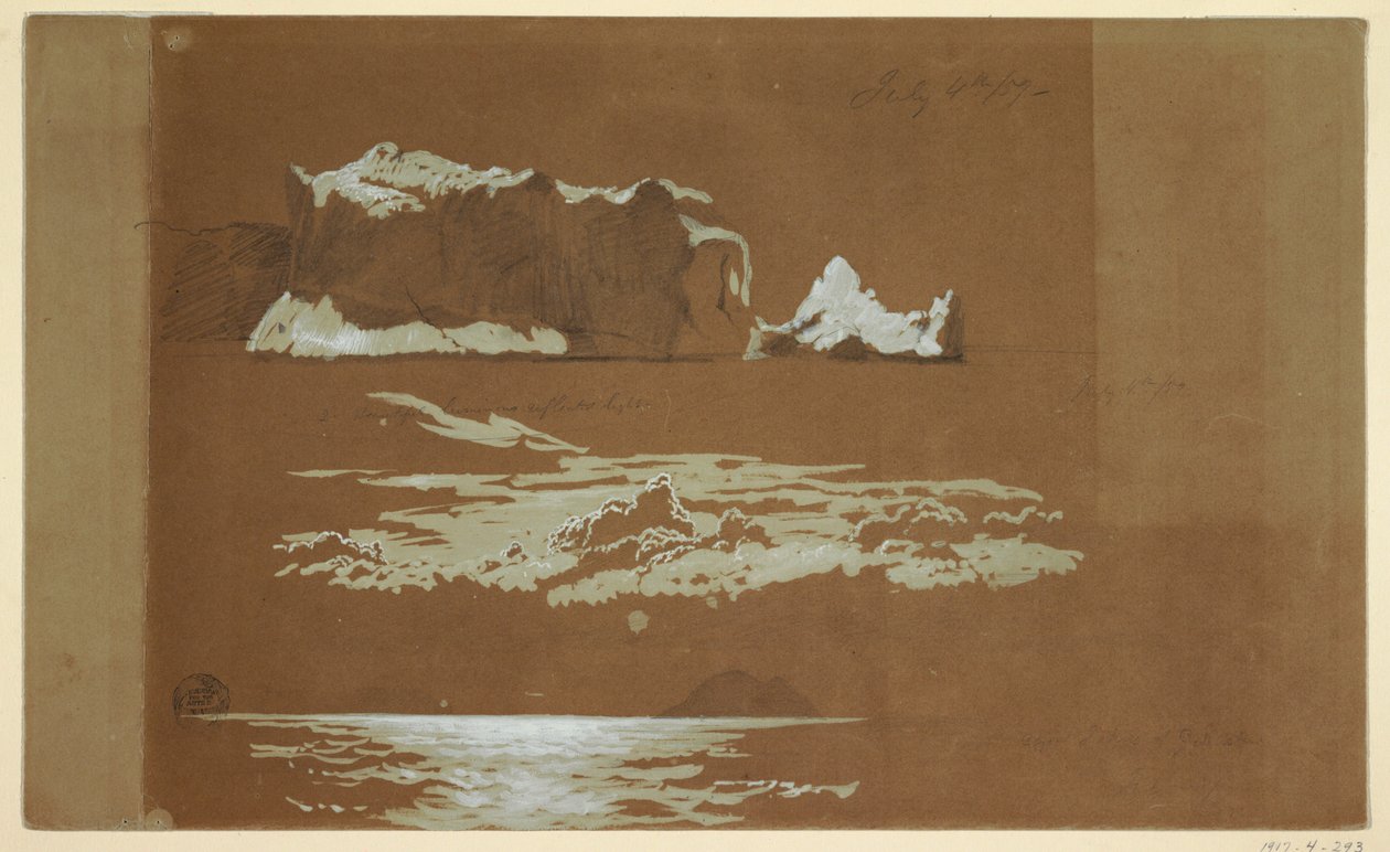 Rysunek, góry lodowe w pobliżu przylądka St. John i wyspy Gull, Nowa Fundlandia, 4 lipca 1859 r. autorstwa Frederic Edwin Church