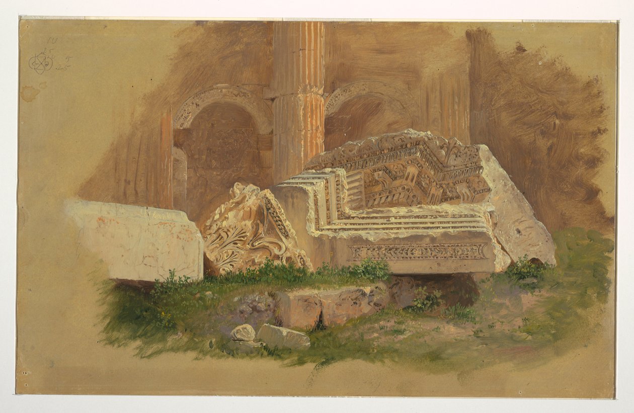 Rysunek, Wnętrze świątyni Bachusa, Baalbek, maj 1868 r. autorstwa Frederic Edwin Church