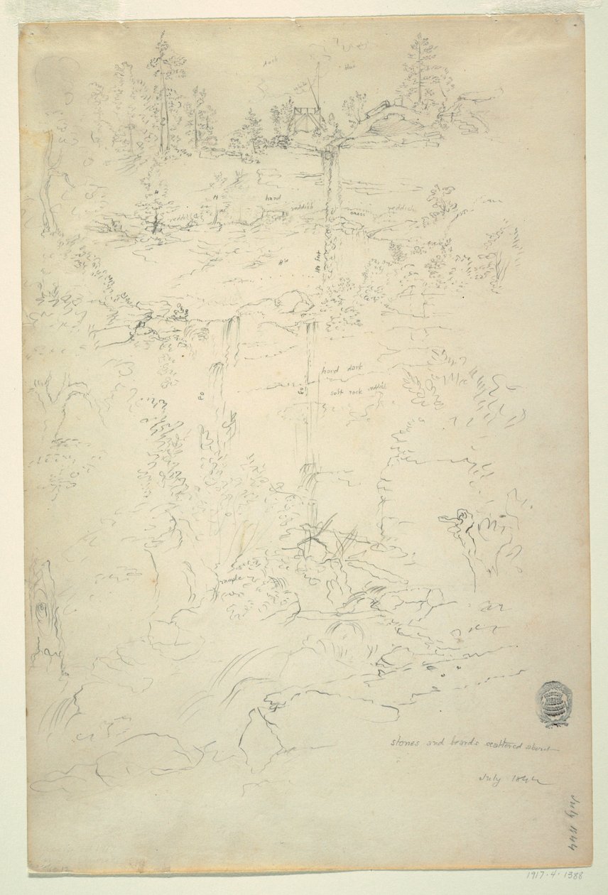 Rysunek, wodospad Kaaterskill, góry Catskill, Nowy Jork, lipiec 1844 r. autorstwa Frederic Edwin Church
