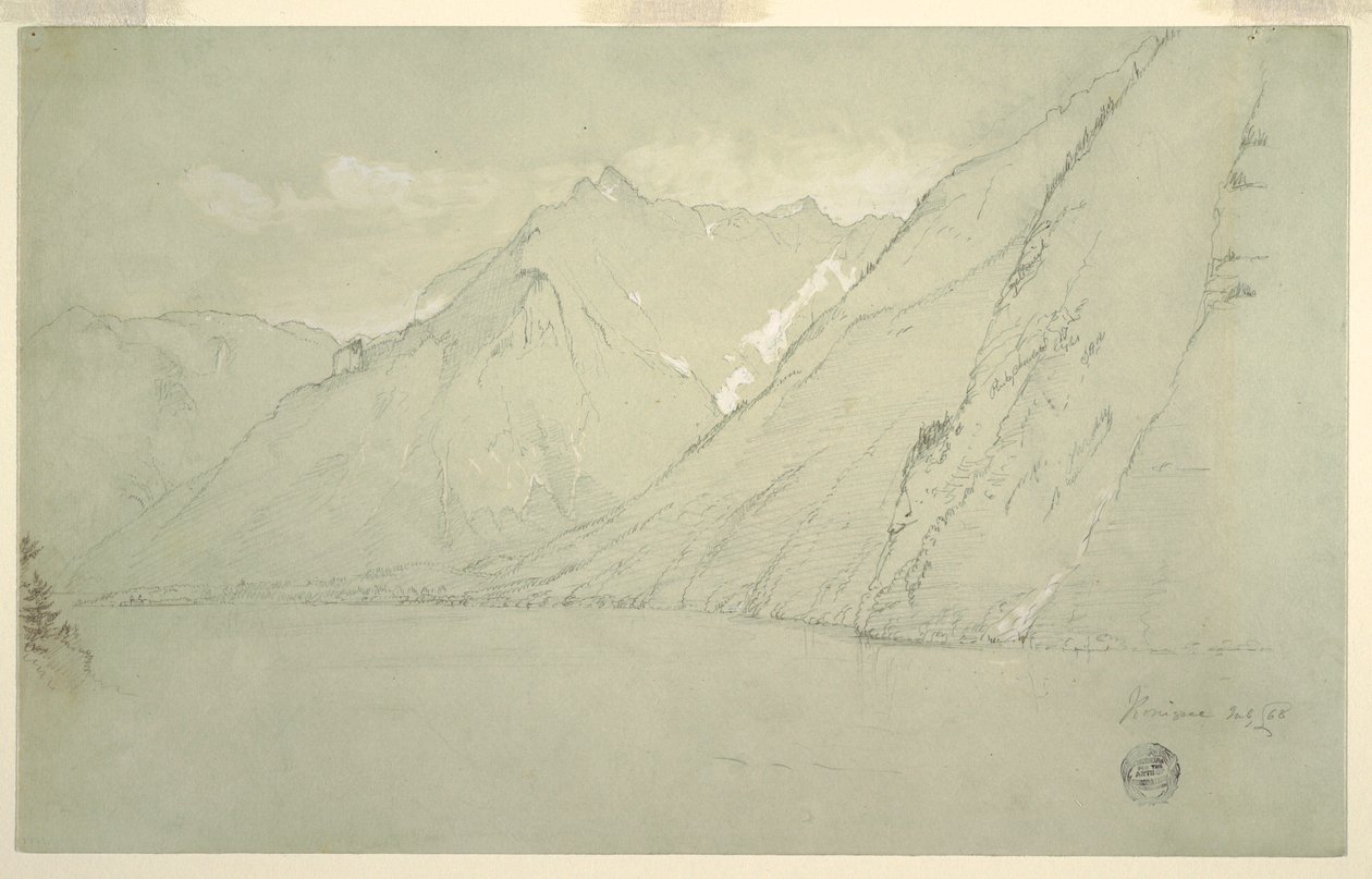 Rysunek, jezioro Königssee z Falkenstein, lipiec 1868 r. autorstwa Frederic Edwin Church