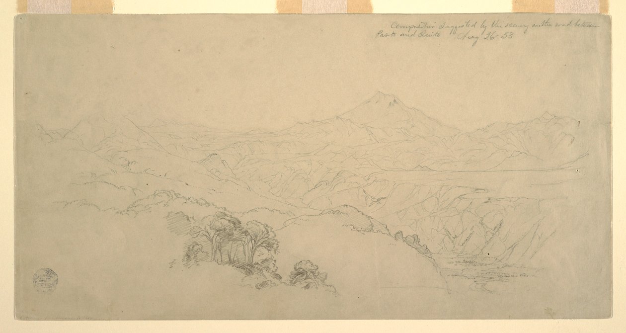 Rysunek, kompozycja krajobrazu: Sugerowana przez scenerię na drodze między Paso w Kolumbii a Quito w Ekwadorze, 26 sierpnia 1853 r. autorstwa Frederic Edwin Church