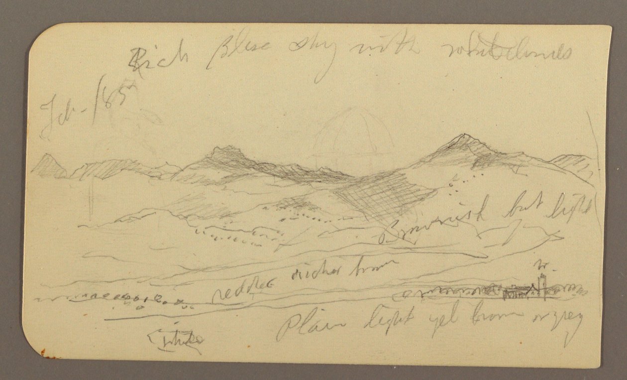 Rysunek, krajobraz, domy; Verso: wierzchołek drzewa, luty 1885 r. autorstwa Frederic Edwin Church