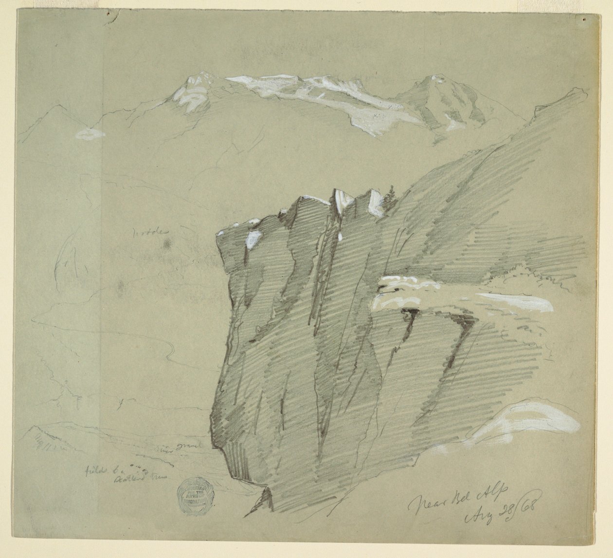 Rysunek, Krajobraz w Alpach Berneńskich, 28 sierpnia 1868 r. autorstwa Frederic Edwin Church