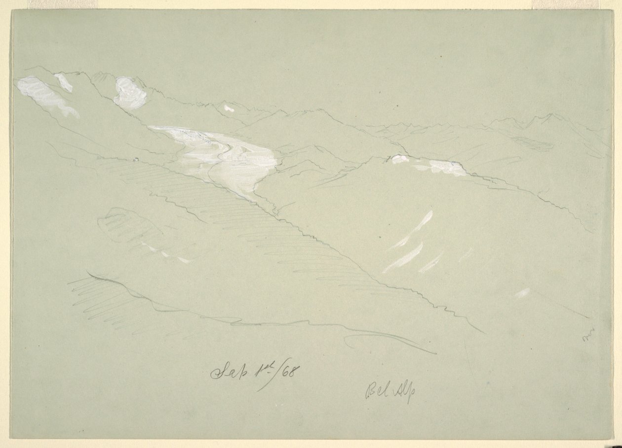 Rysunek, Krajobraz w Alpach Berneńskich, niedaleko Bel Alp, Szwajcaria, wrzesień 1868 r. autorstwa Frederic Edwin Church