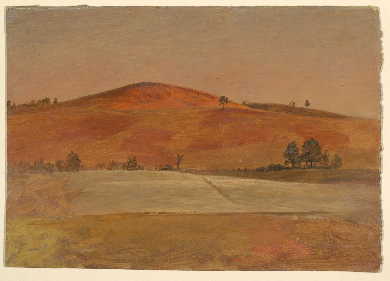 Rysunek, Krajobraz z niskim wzgórzem i polami, 1870-80 autorstwa Frederic Edwin Church