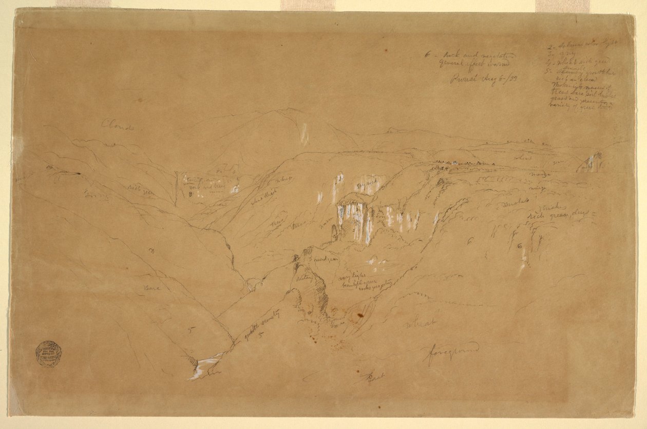 Rysunek, Krajobraz z górą Purese, Kolumbia, 6 sierpnia 1853 r. autorstwa Frederic Edwin Church