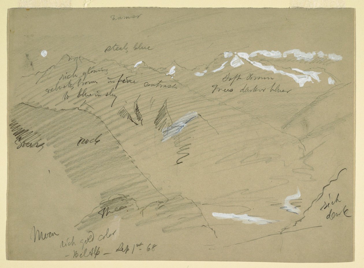 Rysunek, Krajobrazy w Alpach Berneńskich, w pobliżu Bel Alp, Szwajcaria, wrzesień 1868 r. autorstwa Frederic Edwin Church