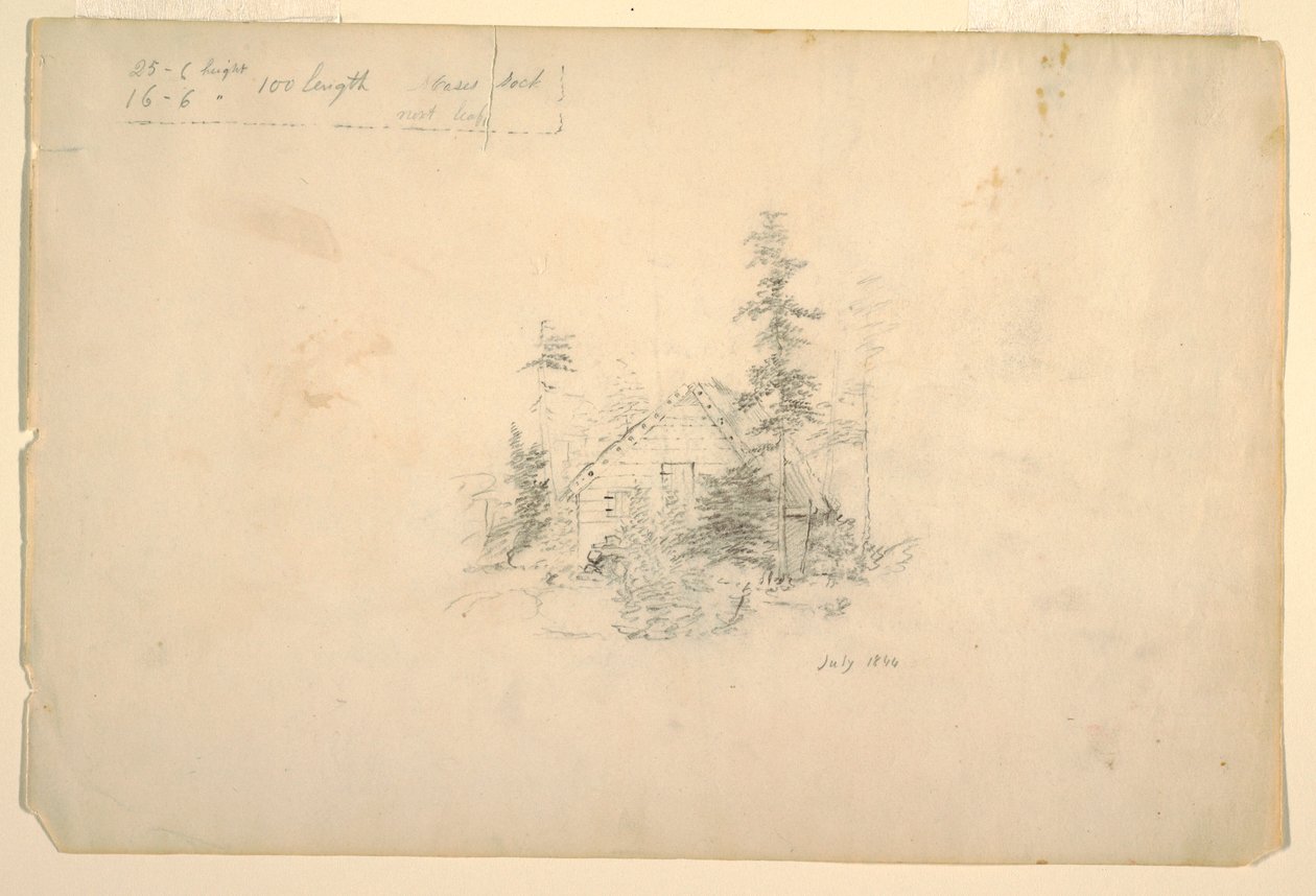 Rysunek, Chata z bali otoczona drzewami, lipiec 1844 r. autorstwa Frederic Edwin Church