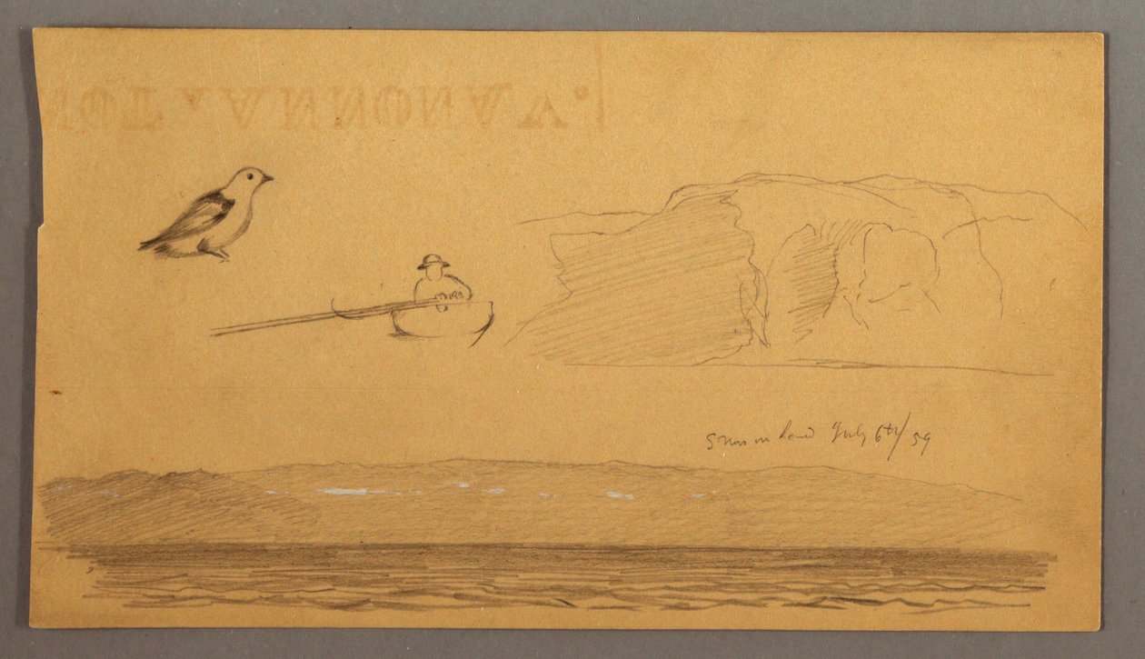 Rysunek, człowiek w łodzi, ptak, klify, wybrzeże, 6 lipca 1859 r. autorstwa Frederic Edwin Church