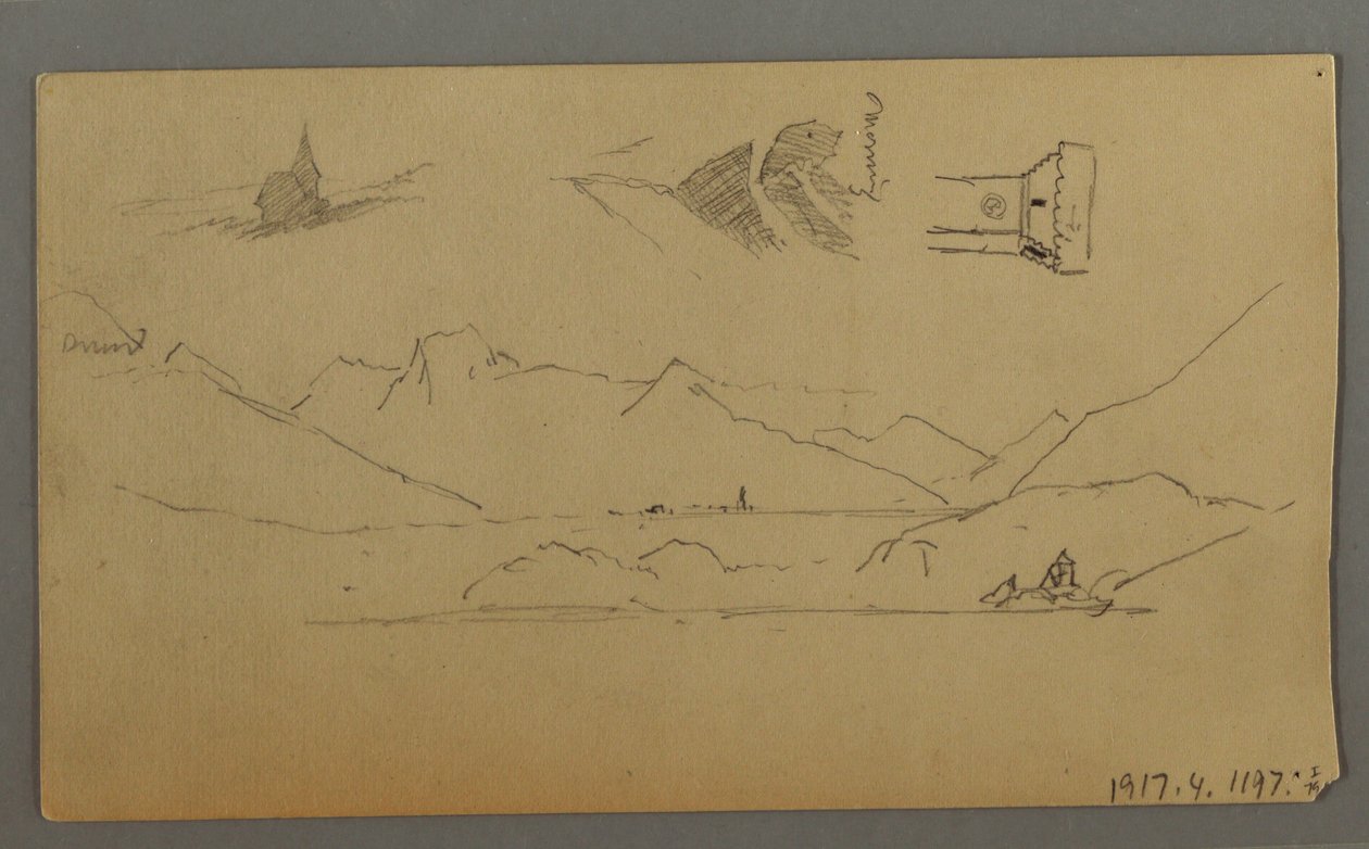 Rysunek, średniowieczny zamek, dwie wieże, studium postaci, niedaleko Thun, prawdopodobnie 1868 r. autorstwa Frederic Edwin Church