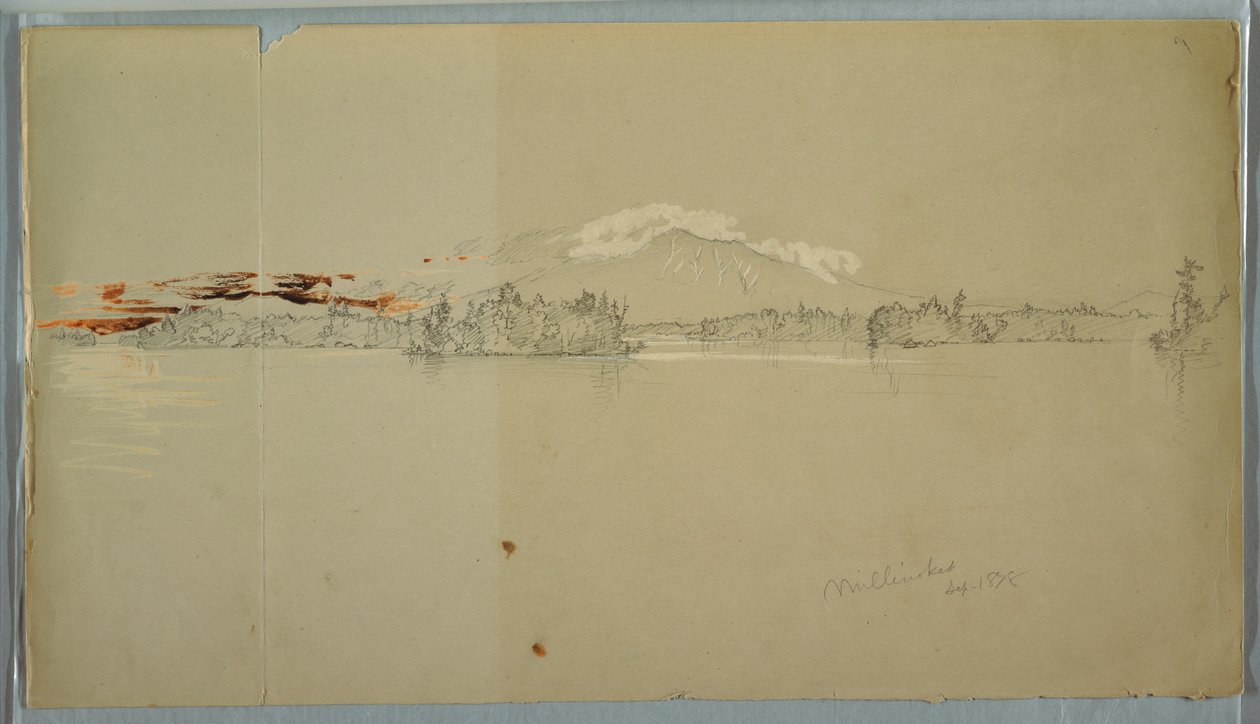 Rysunek, jezioro Millinocket, widok na górę Katahdin, wrzesień 1878 r. autorstwa Frederic Edwin Church