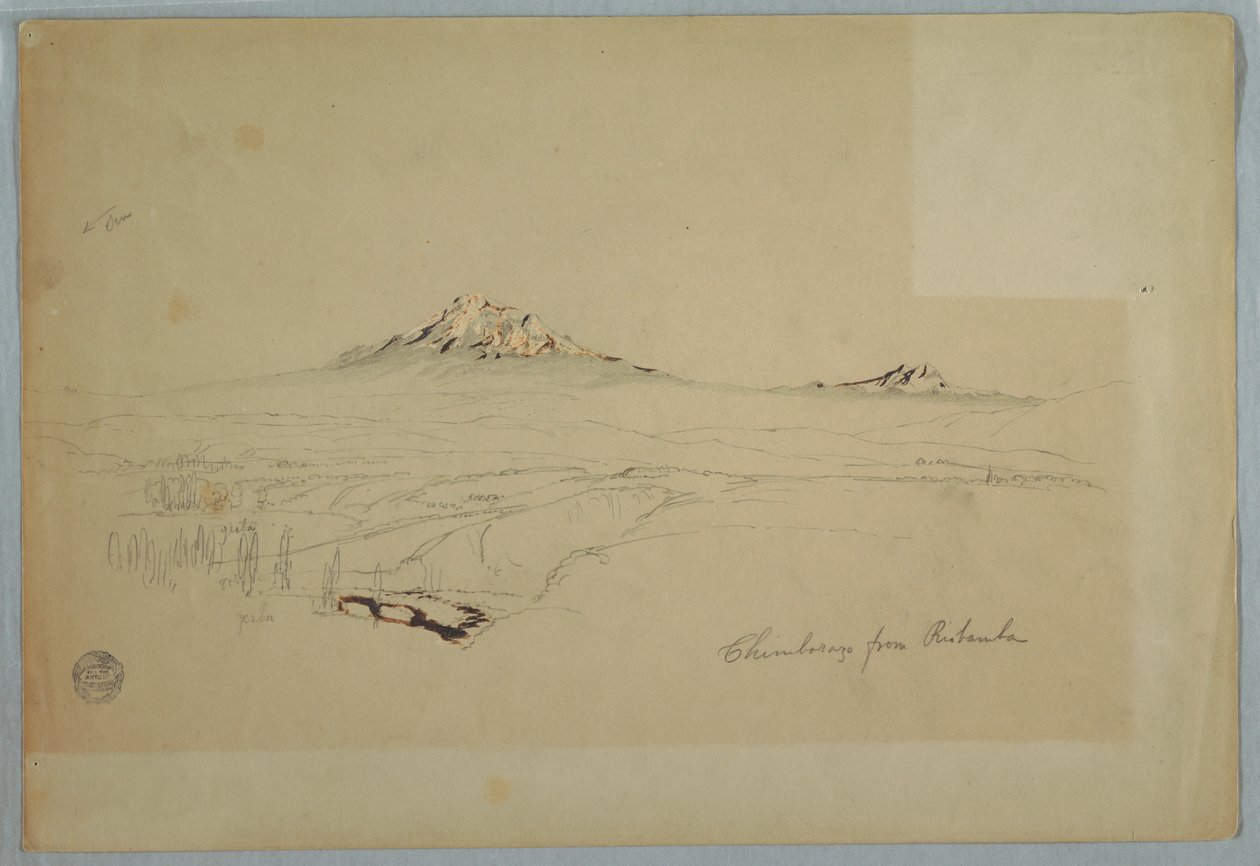 Rysunek, Góra Chimborazo, widok z Riobamby, Ekwador, lipiec 1857 r. autorstwa Frederic Edwin Church