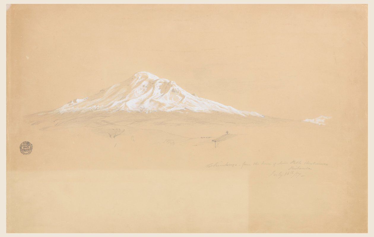 Rysunek przedstawiający górę Chimborazo z domu seniora Pablo Bustamante, Riobamba, Ekwador, 14 lipca 1857 r. autorstwa Frederic Edwin Church