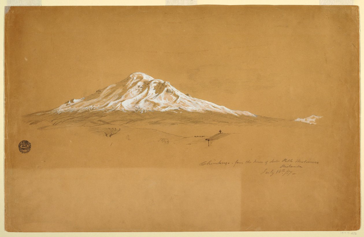 Rysunek przedstawiający górę Chimborazo z domu seniora Pablo Bustamante, Riobamba, Ekwador, 14 lipca 1857 r. autorstwa Frederic Edwin Church