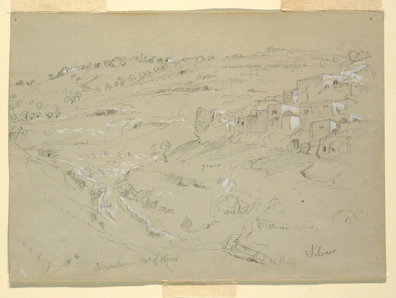 Rysunek, Góra Oliwna, Betania, Siloam i Jerozolima, Palestyna [Betania i Silwan, Jerozolima Wschodnia i Jerozolima, Izrael], 7 i 10 lutego 1868 r. autorstwa Frederic Edwin Church