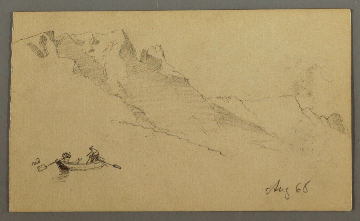 Rysunek, Szczyty górskie, dwie postacie w łodzi wiosłowej, sierpień 1868 r. autorstwa Frederic Edwin Church