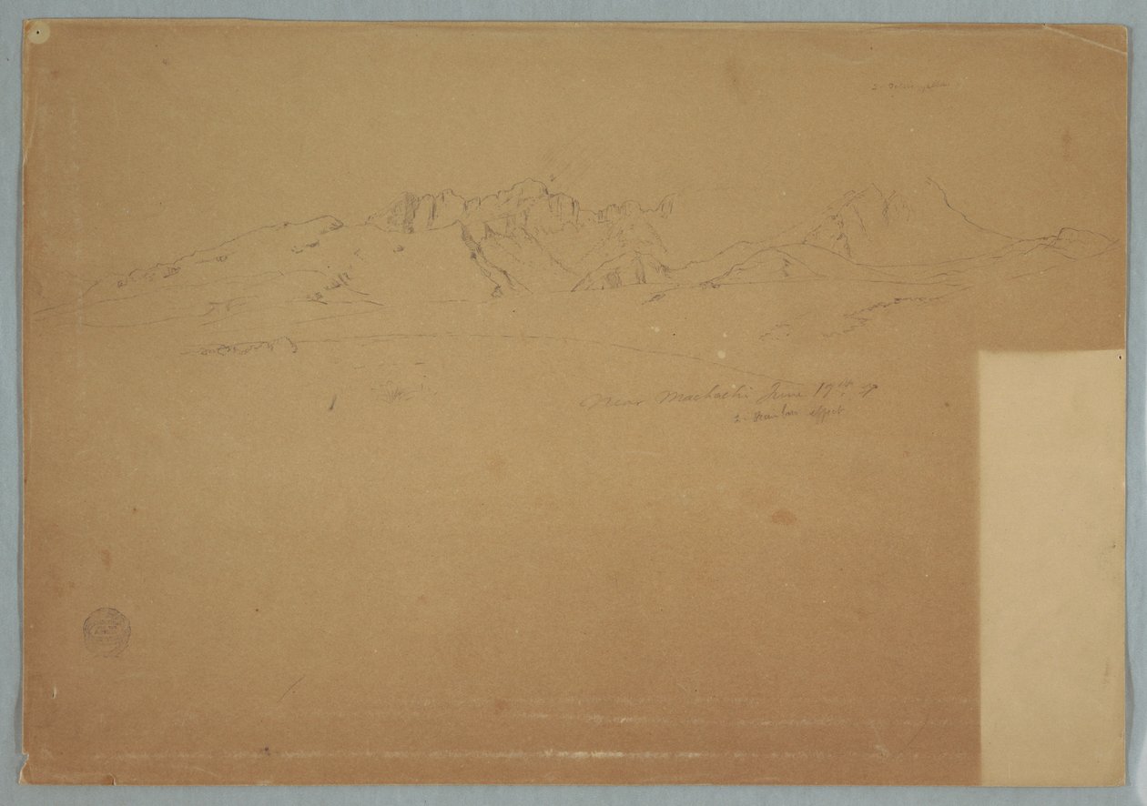 Rysunek, pasma górskie z surowymi szczytami w pobliżu Machachi, Ekwador, 19 czerwca 1857 r. autorstwa Frederic Edwin Church