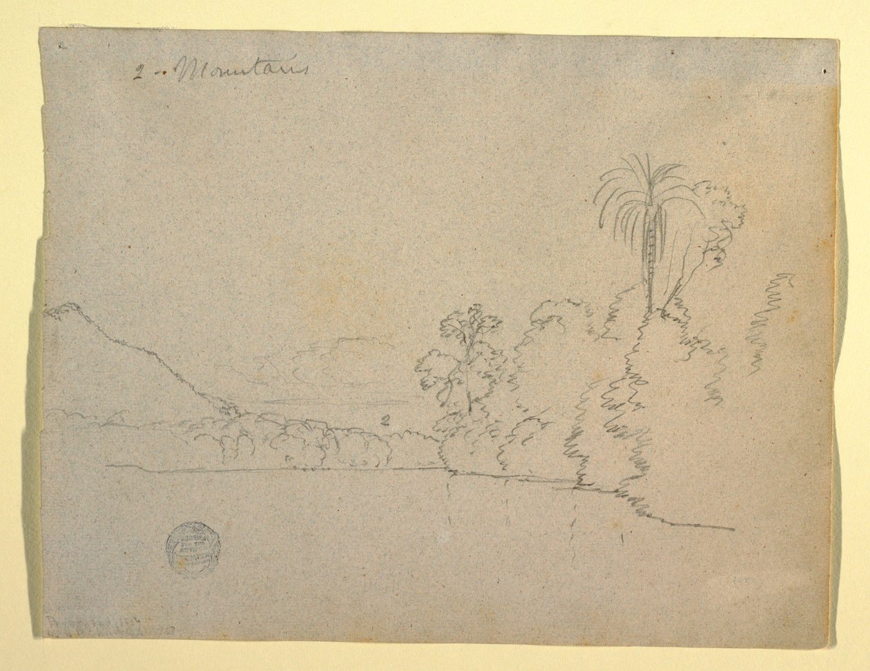 Rysunek, górzysty brzeg zatoki, Ameryka Południowa, 1853 r. autorstwa Frederic Edwin Church