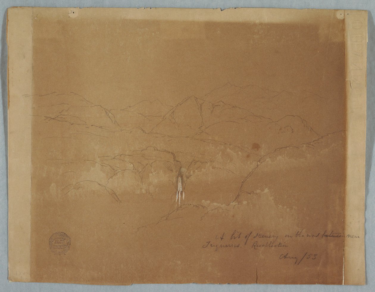 Rysunek, Krajobraz górski z wodospadem, niedaleko Tuquerres, Kolumbia, sierpień 1853 r. autorstwa Frederic Edwin Church