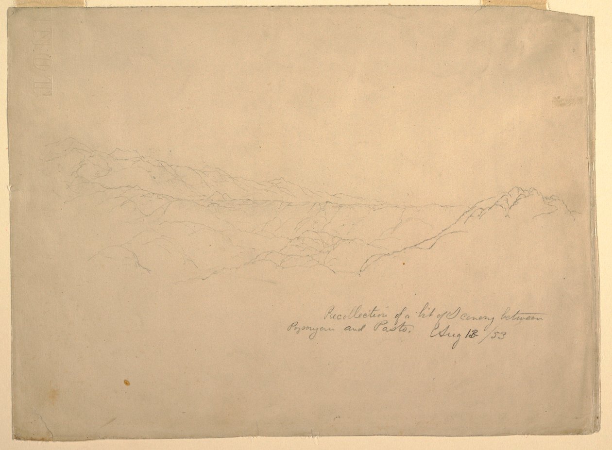 Rysunek, górski krajobraz między Popayan i Pasto, Kolumbia, 13 sierpnia 1853 r. autorstwa Frederic Edwin Church