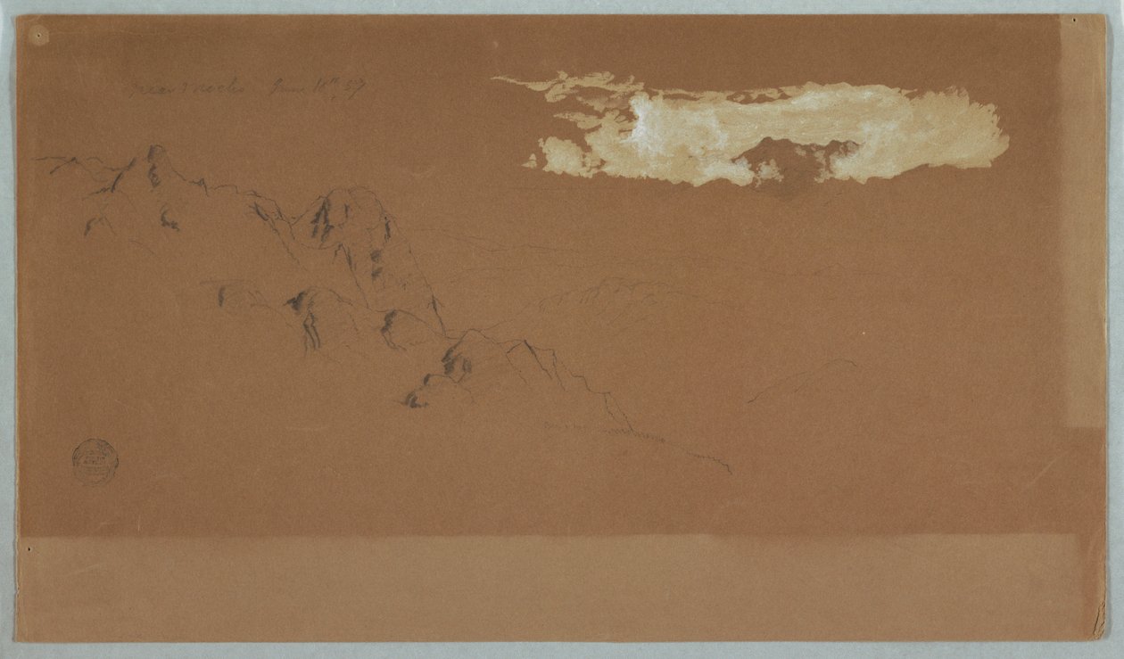 Rysunek przedstawiający góry w pobliżu Mocho w Ekwadorze, prawdopodobnie przedstawiający górę Chimoborazo otoczoną chmurami, 16 czerwca 1857 r. autorstwa Frederic Edwin Church
