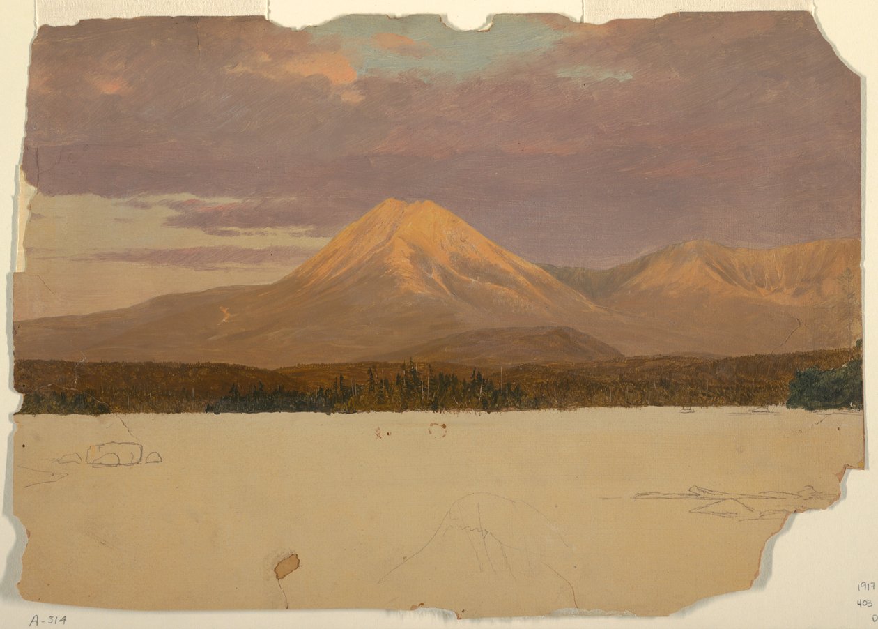 Rysunek przedstawiający górę Katahdin z jeziora Katahdin, 1878 r. autorstwa Frederic Edwin Church