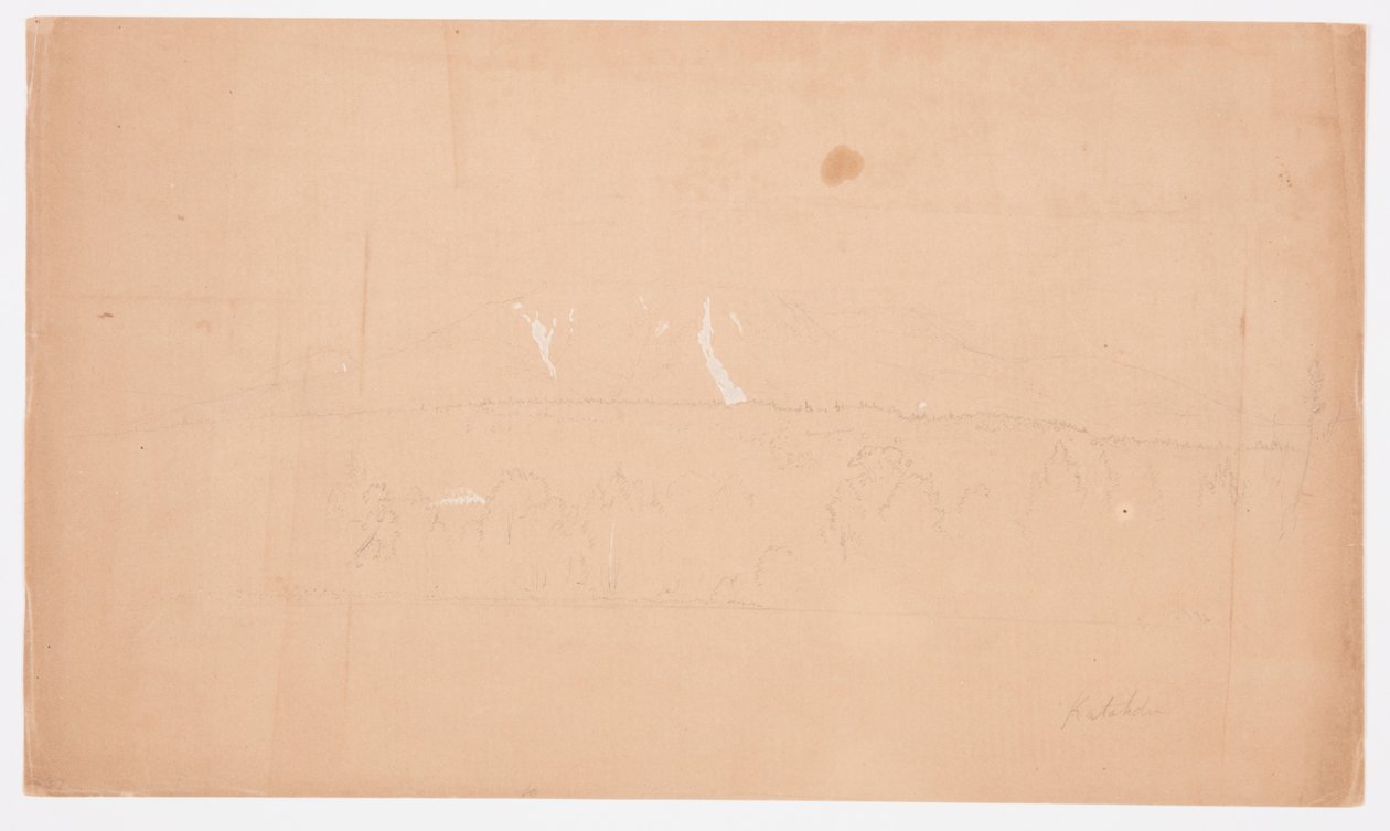 Rysunek przedstawiający górę Katahdin znad jeziora Katahdin w stanie Maine, 1852 r. autorstwa Frederic Edwin Church