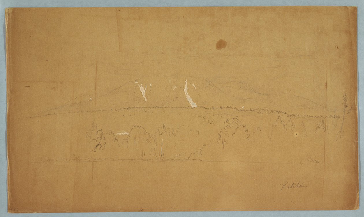 Rysunek przedstawiający górę Katahdin znad jeziora Katahdin w stanie Maine, 1852 r. autorstwa Frederic Edwin Church