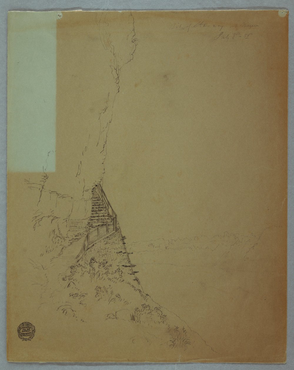 Rysunek, wodospad Niagara: "Fragment schodów nad Niagarą", lipiec 1856 r. autorstwa Frederic Edwin Church