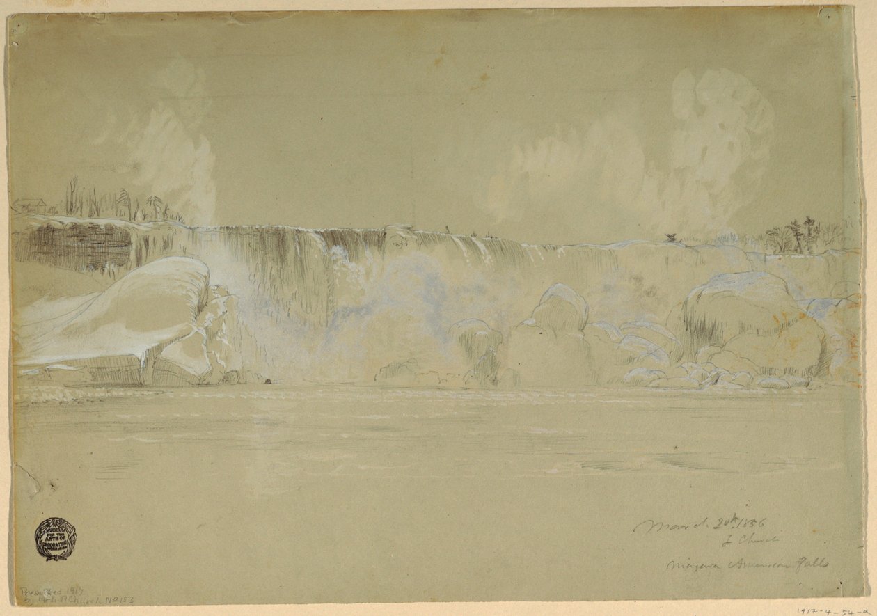 Rysunek Wodospad Niagara w śniegu, z północnego zachodu, 20 marca 1856 r. autorstwa Frederic Edwin Church