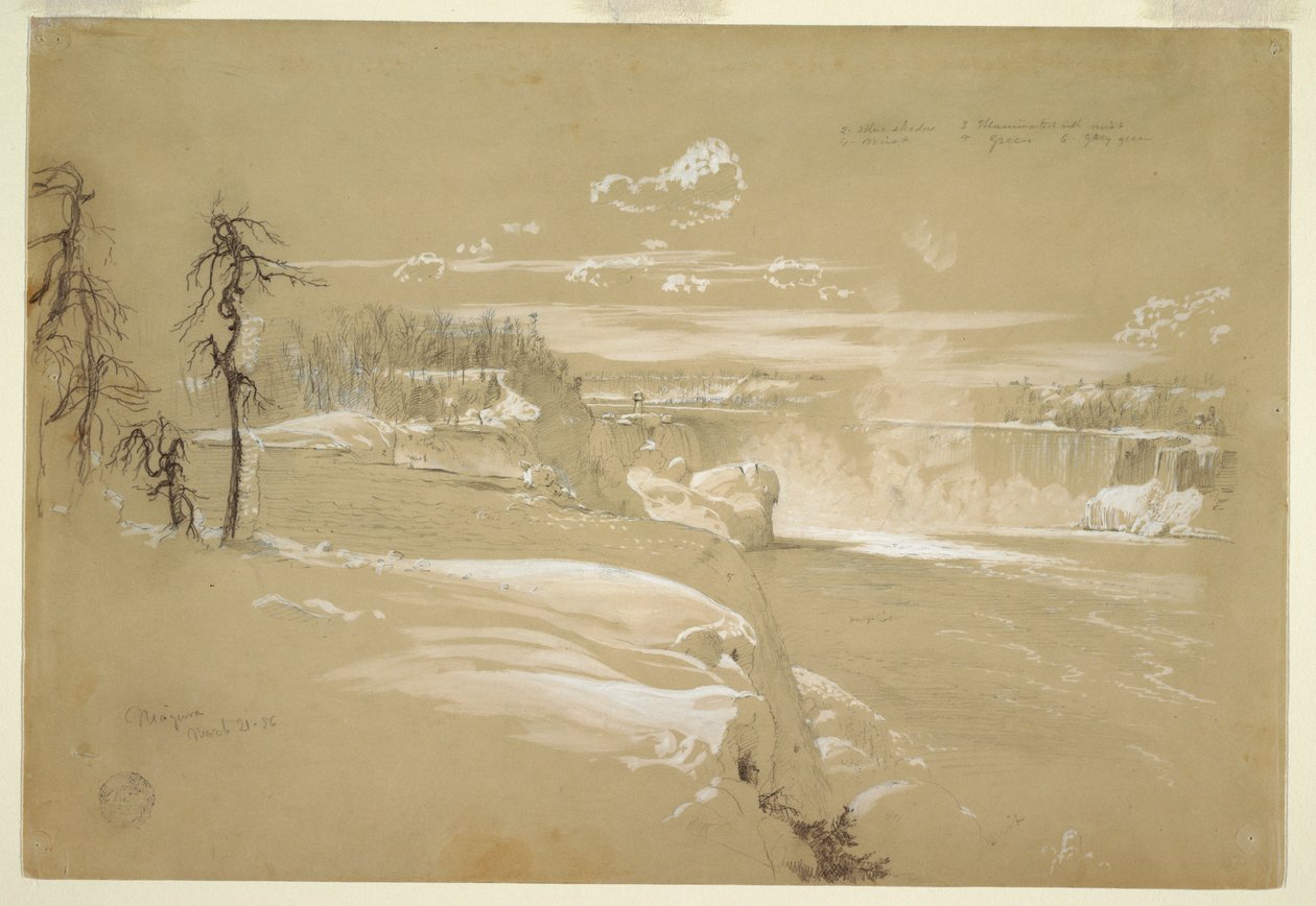 Rysunek, wodospad Niagara zimą, 21 marca 1856 r. autorstwa Frederic Edwin Church