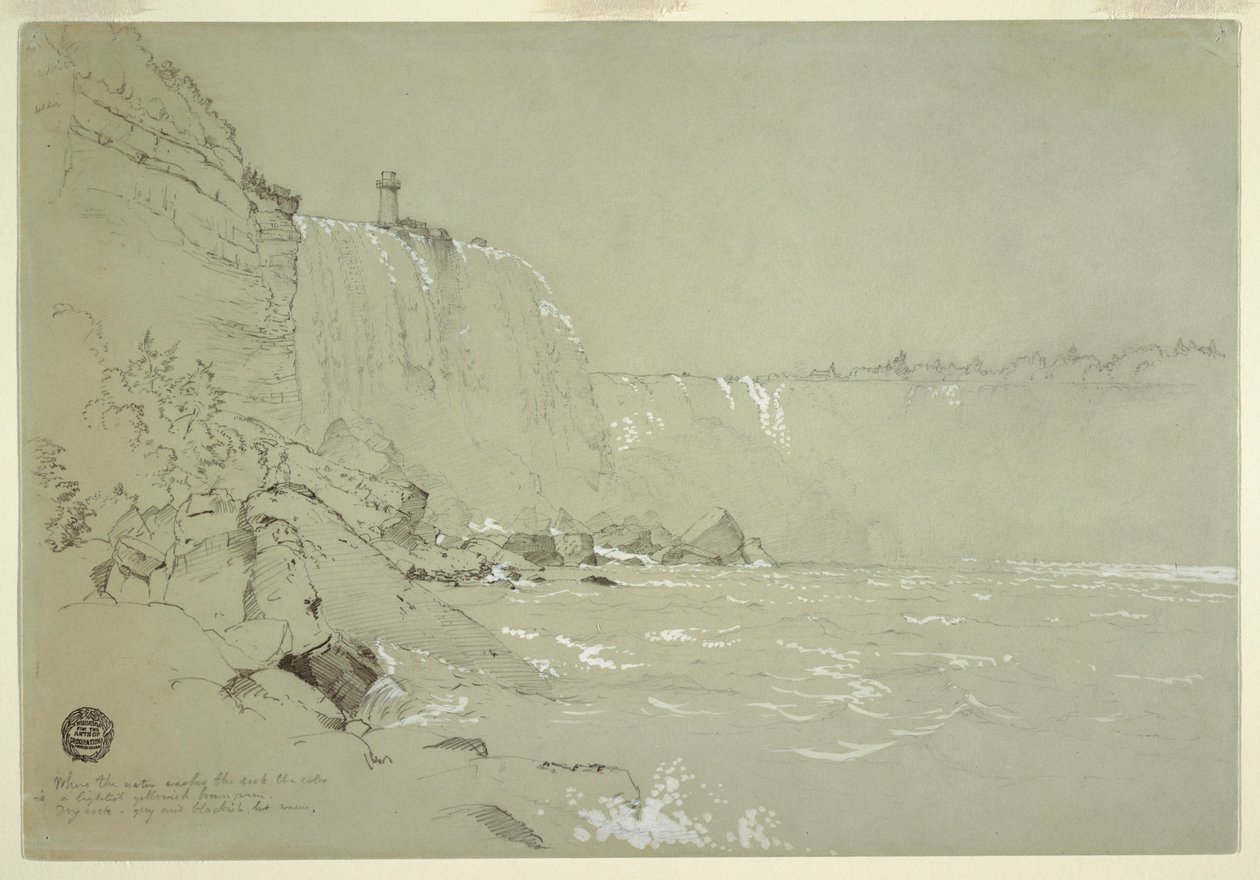 Rysunek przedstawiający wodospad Niagara z wieżą Terrapin, 1856 r. autorstwa Frederic Edwin Church