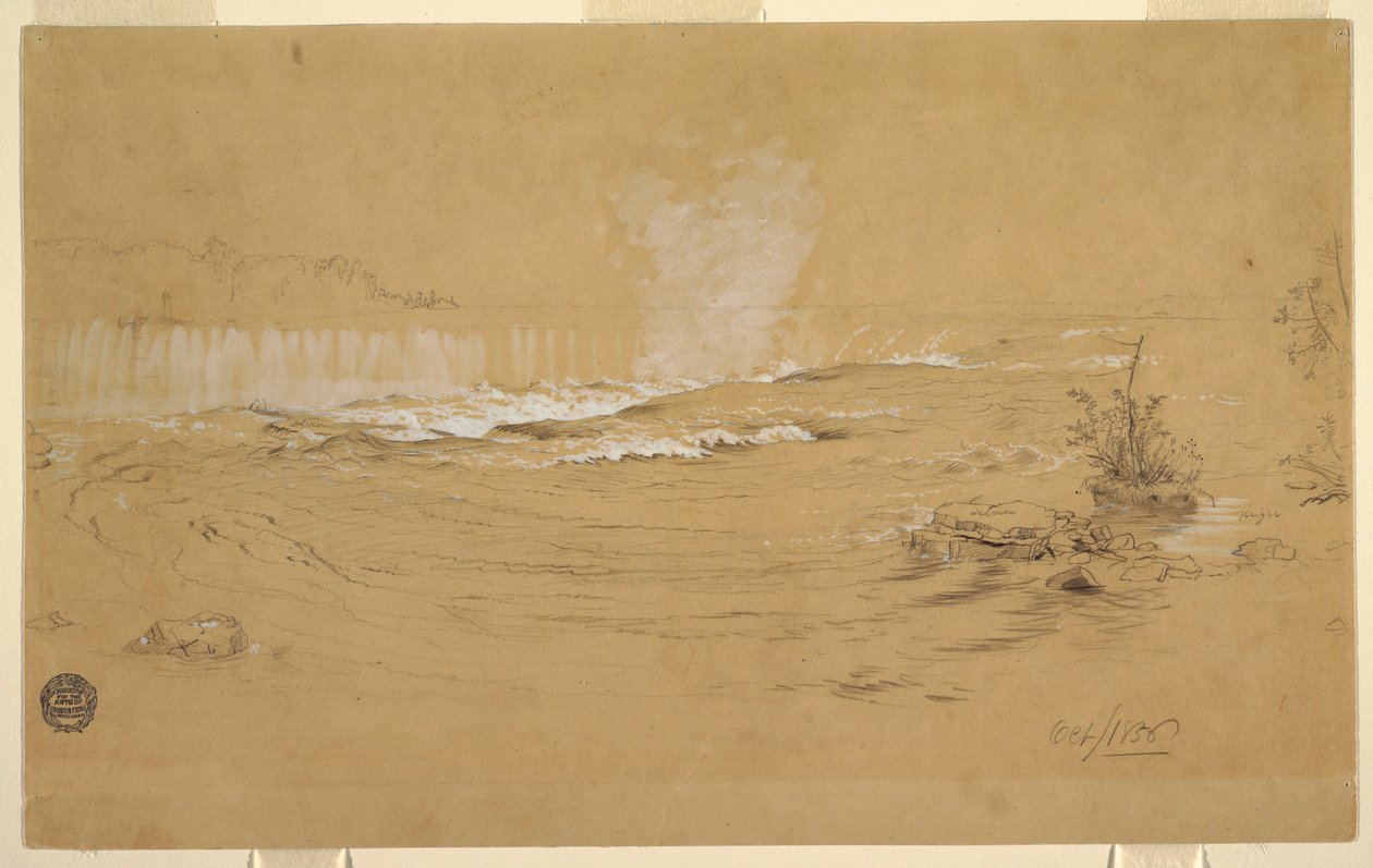 Rysunek, Niagara: Kanadyjski wodospad i Kozia Wyspa, październik 1856 r. autorstwa Frederic Edwin Church