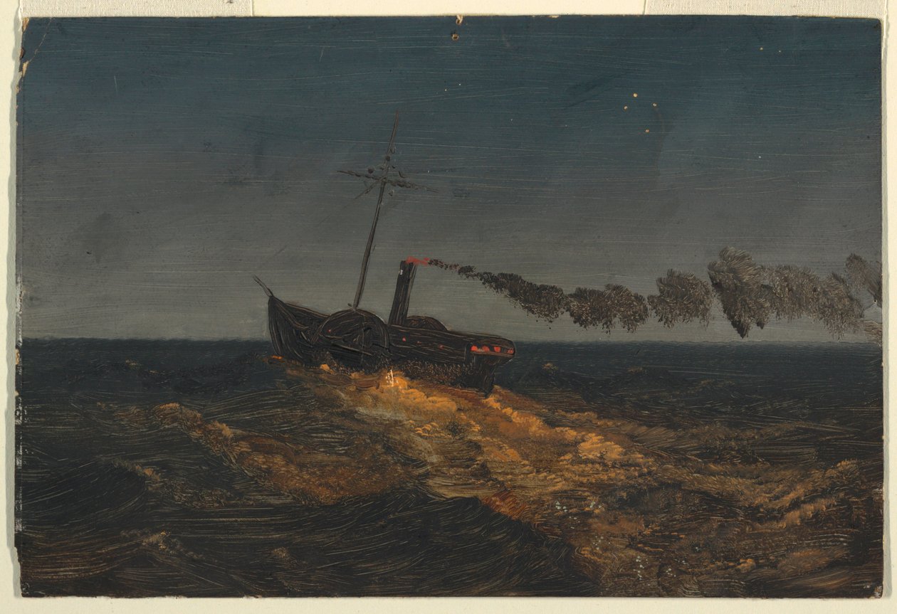 Rysunek, Parowiec wiosłowy o zmierzchu, ok. 1853 r. autorstwa Frederic Edwin Church
