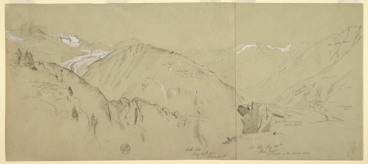 Rysunek, widok panoramiczny z Bel Arp, 1868 r. autorstwa Frederic Edwin Church