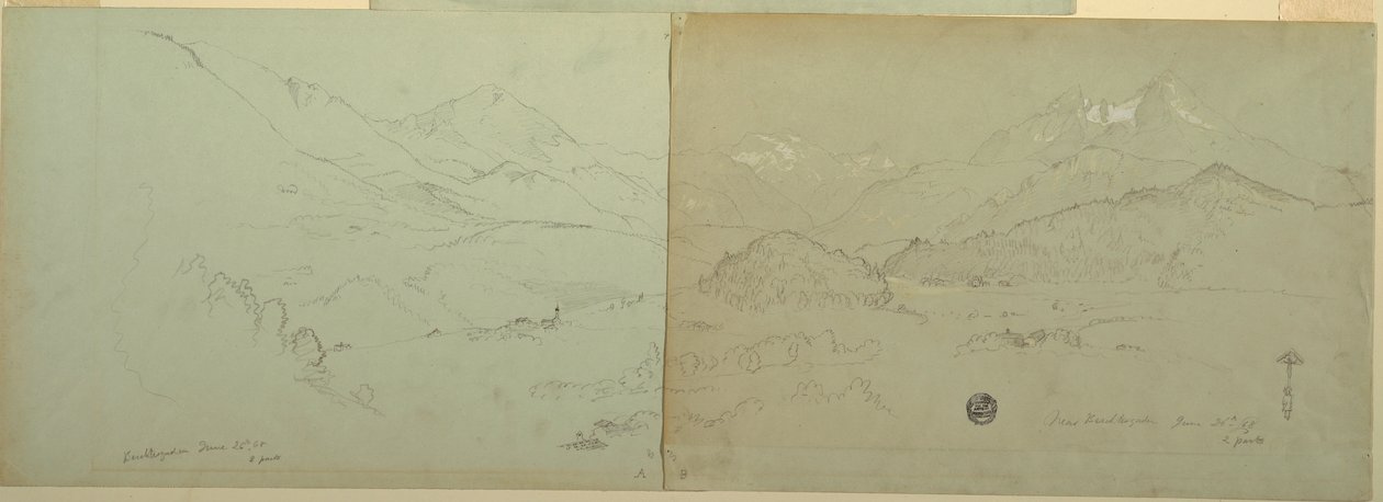Rysunek, widok panoramiczny Unter-Schönau, 1868 r. autorstwa Frederic Edwin Church