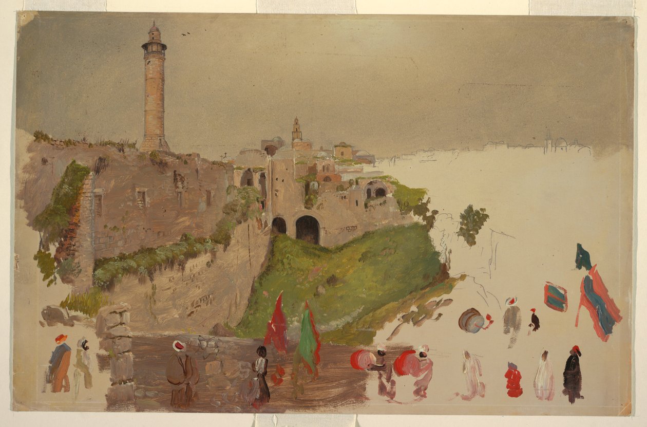 Rysunek, Parada wkraczająca do miasta, Jaffa, początek marca 1868 r. autorstwa Frederic Edwin Church