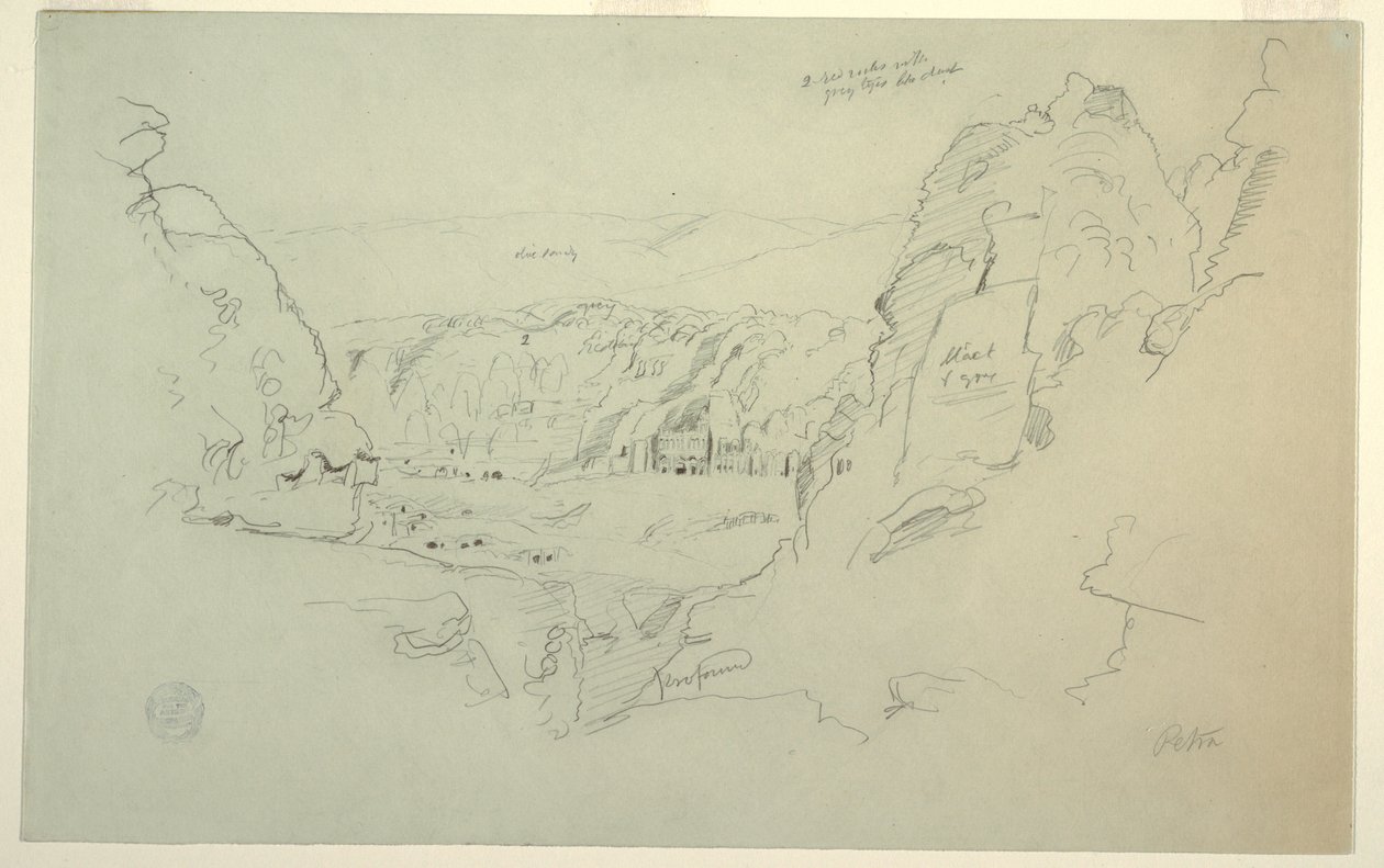 Rysunek Petra, Jordania od zachodu, przedstawiający pałac i grobowce korynckie, 26 lutego 1868 r. autorstwa Frederic Edwin Church