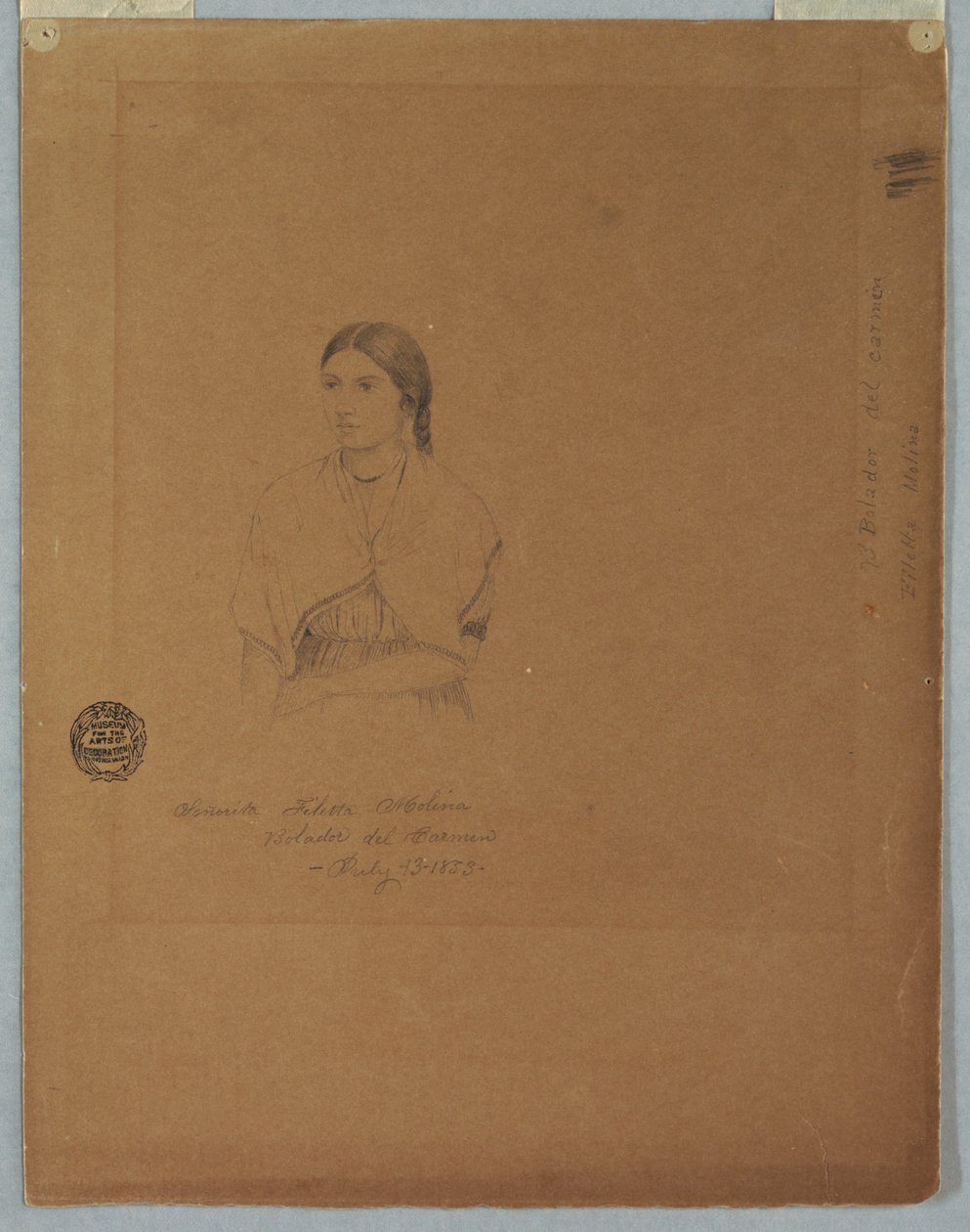 Rysunek, portret boliwijskiej dziewczyny: Senorita Filetta Molina Bolador del Carmen, Kolumbia, 13 lipca 1853 r. autorstwa Frederic Edwin Church