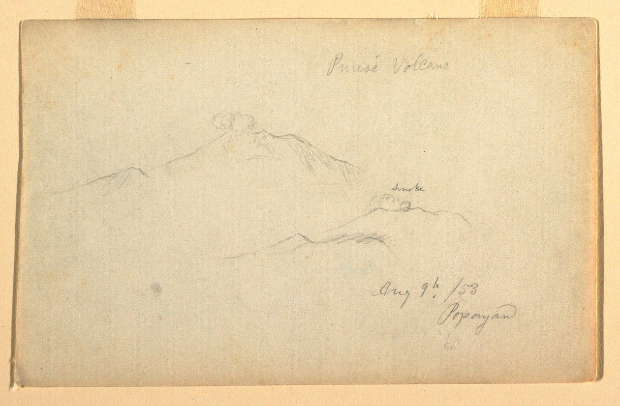 Rysunek, wulkan Purese widziany z Popayan, Kolumbia, 9 sierpnia 1853 r. autorstwa Frederic Edwin Church