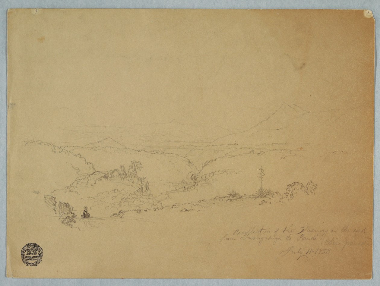 Rysunek, Wspomnienie krajobrazu na drodze z Fusugasuga do Pandi, New Granda, Kolumbia, 11 lipca 1853 r. autorstwa Frederic Edwin Church