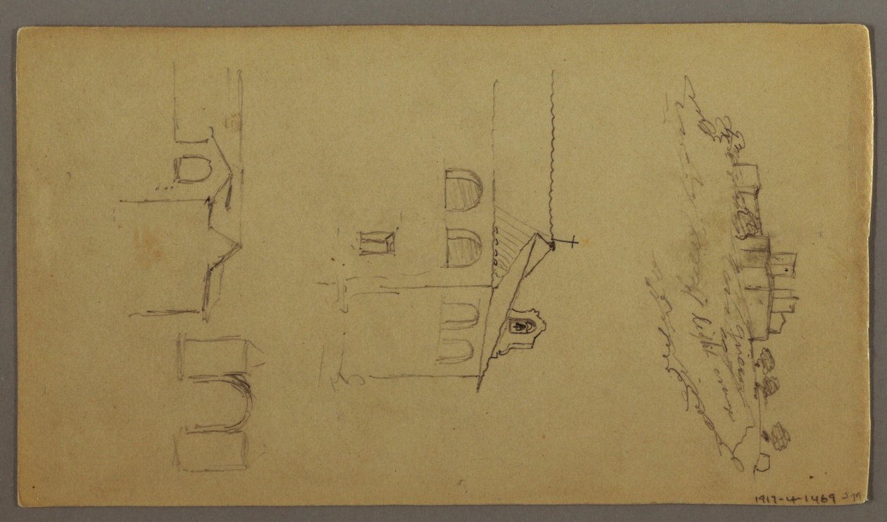 Rysunek, Recto: Puste; Verso: Fortree on Hilltop, Two c, Gateway, prawdopodobnie 1868-69 autorstwa Frederic Edwin Church